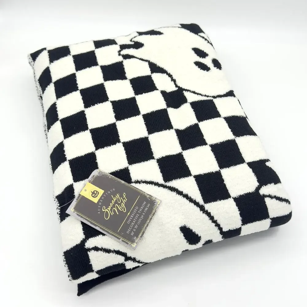 Spooky Night Checkerboard Ghost Throw Blanket Halloween Black Off White NEW